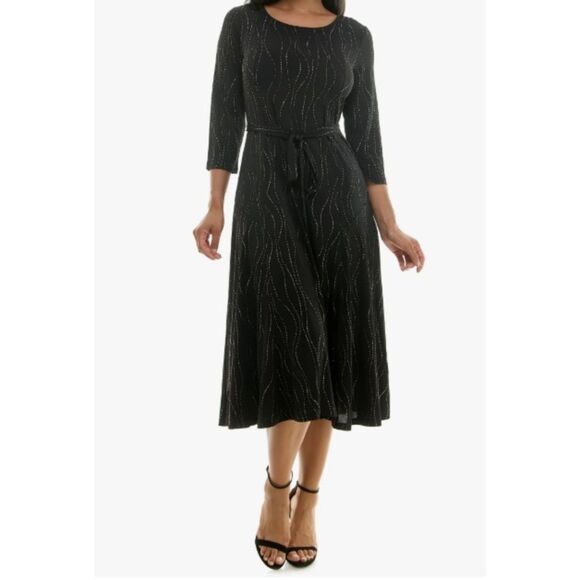 Black and Gold Tie Waist A-Line Midi Dress - Picture 2 of 3